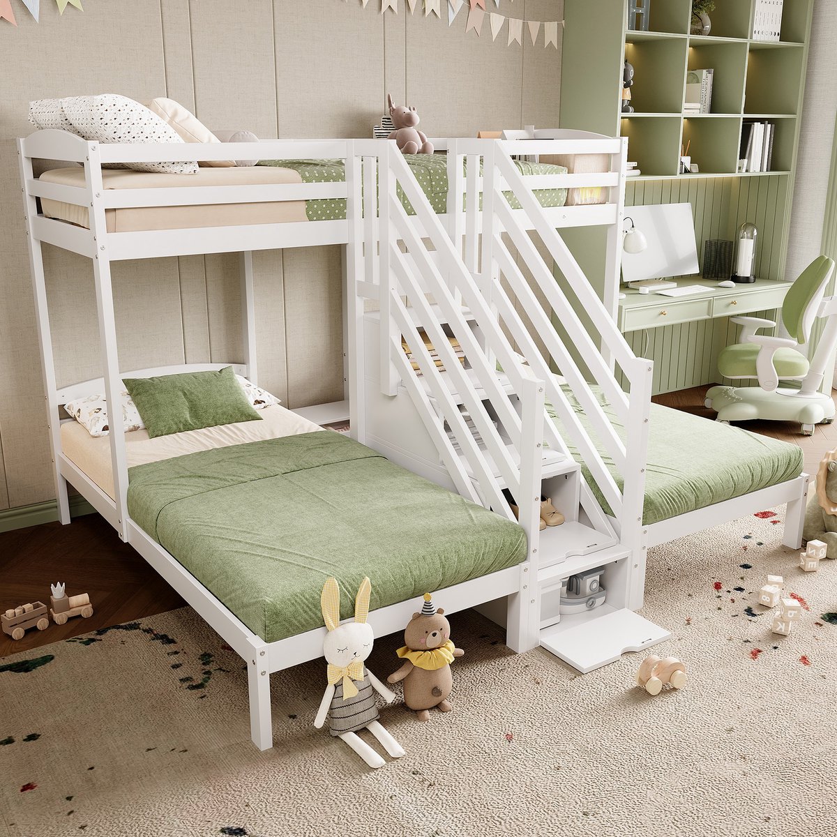 Hoogslaper 90 x 200 cm Zonder Matras - 3 Slaapplaatsen Met Opbergladder En Lades - Met Uitvalbeveiliging - Voor Kinderkamer - Hout En MDF - Wit