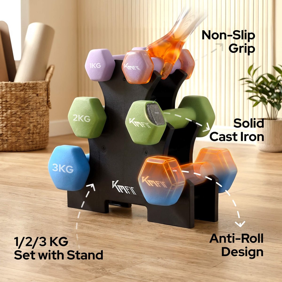 KM-Fit halterset 12 kg | Neopreen dumbbells 1–3 kg met standaard | Home Gym – foto 4