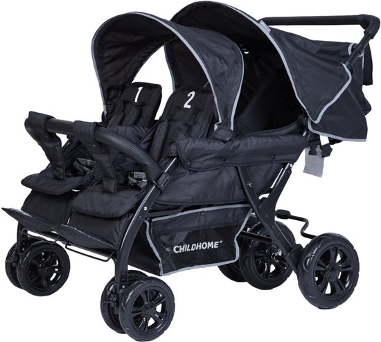 Childhome Quadruple Kinderwagen – 4 Zitplaatsen – Met Regenhoes & Zonnekappen – Zwart – Voor Kinderen tot 15 kg
