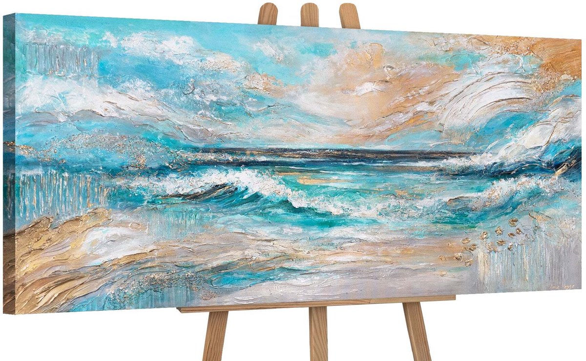 YS Canvas schilderij panoramisch 115x50 handgeschilderd zonnige vloed zon zee – YS-Art Gallery – Stralende wanddecoratie voor woonkamer – Modern schilderij voor hal