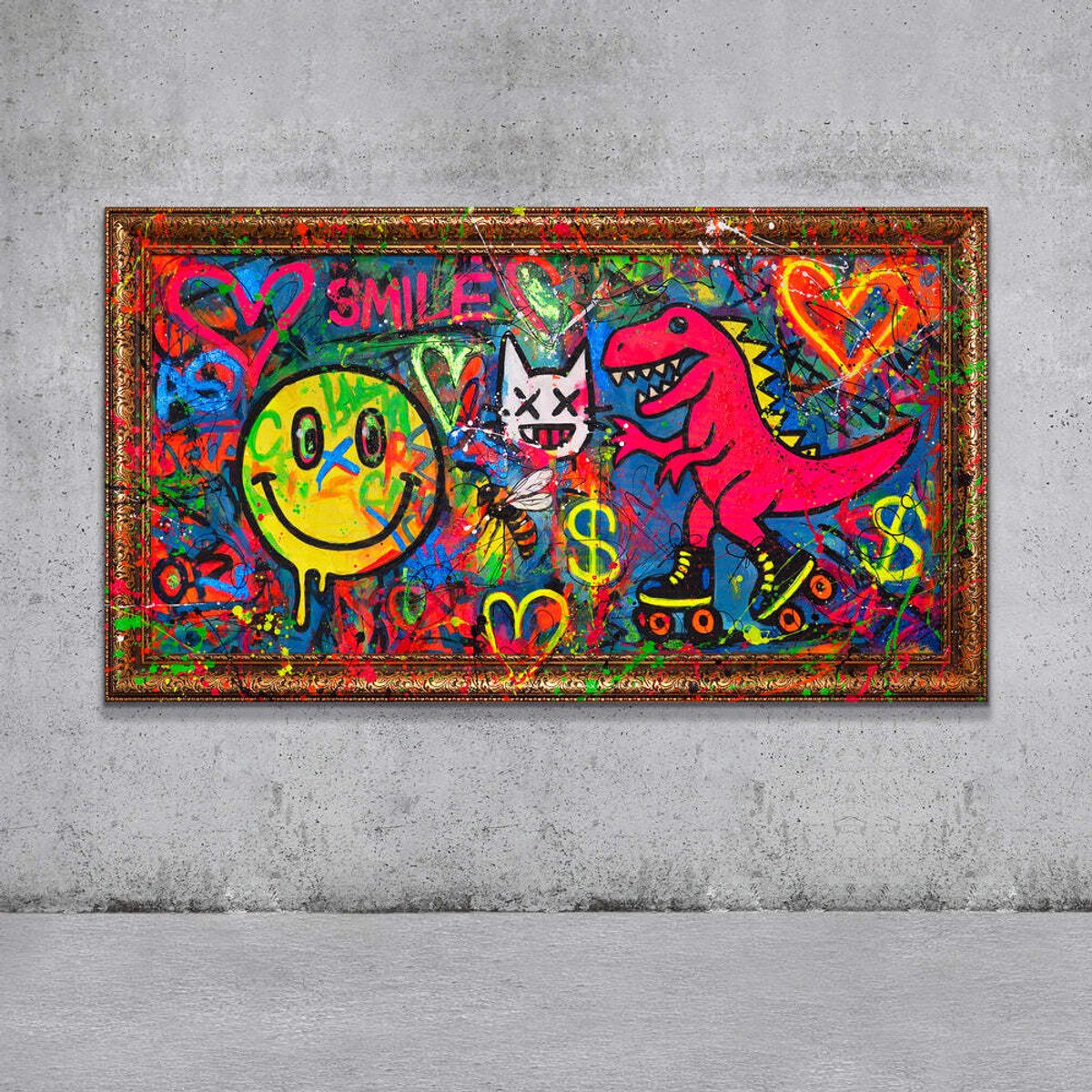 YS Canvas schilderij groot handgeschilderd plezier abstract vrolijk – YS-Art Gallery – Vrolijke wanddecoratie voor woonkamer – Modern schilderij voor hal en kantoor Gold