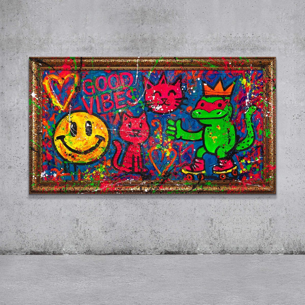 YS Canvas schilderij groot handgeschilderd skeelers en vreugde vrolijk – YS-Art Gallery – Vrolijke wanddecoratie voor woonkamer – Modern schilderij voor hal en kantoor Gold