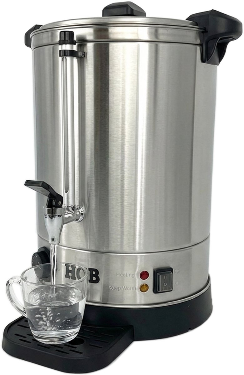 HCB® - Professionele Horeca heetwaterdispenser - dubbelwandige heetwatertap met lekbak - 14,3 liter - 230V - RVS / INOX warmwaterdispenser - Gluhweinketel - 40.5x37x48.5 cm (DxBxH) - 3.70 kg - 1341