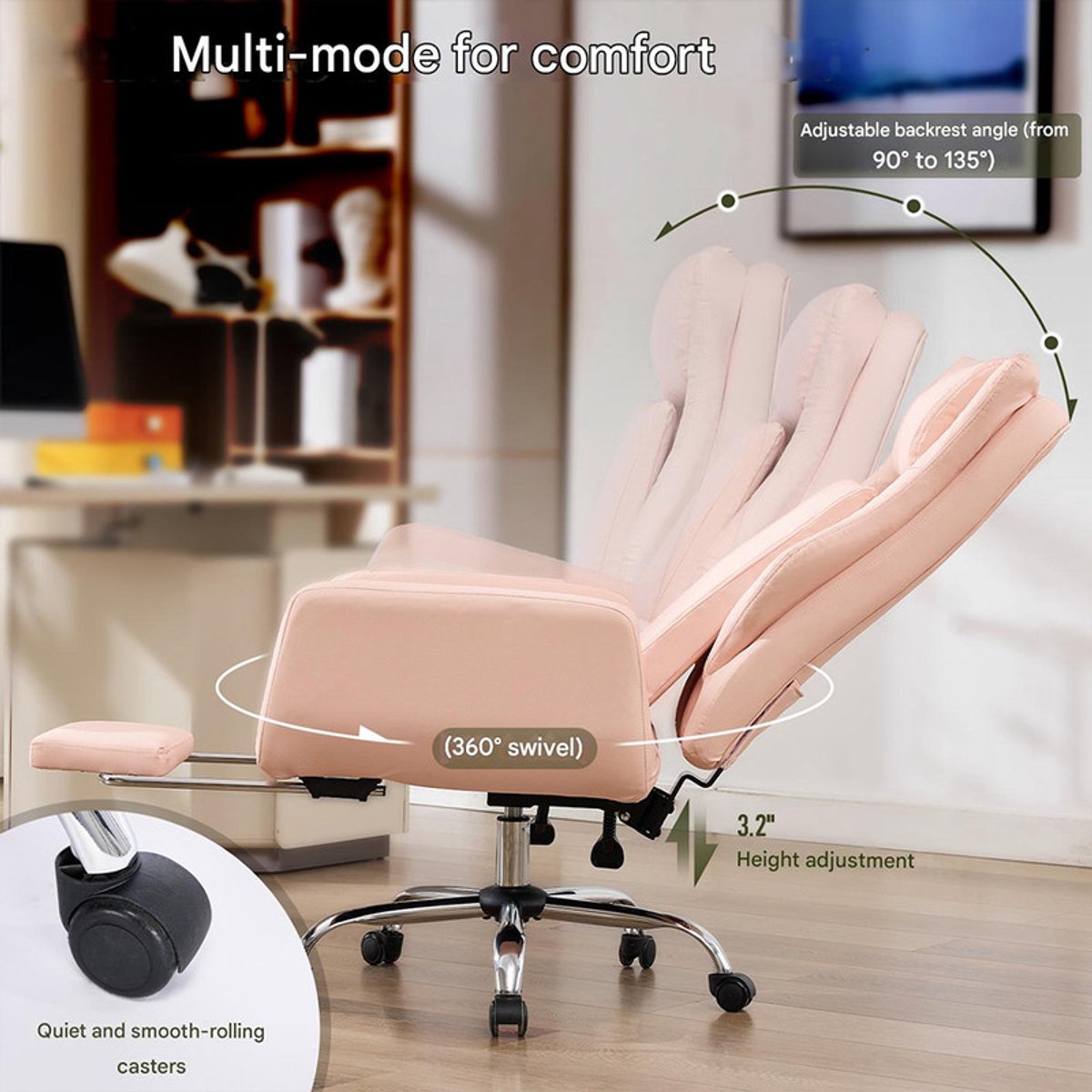 UNION Ergonomische Gaming Chair met Inklapbare Voetensteun - Roze - afbeelding 2