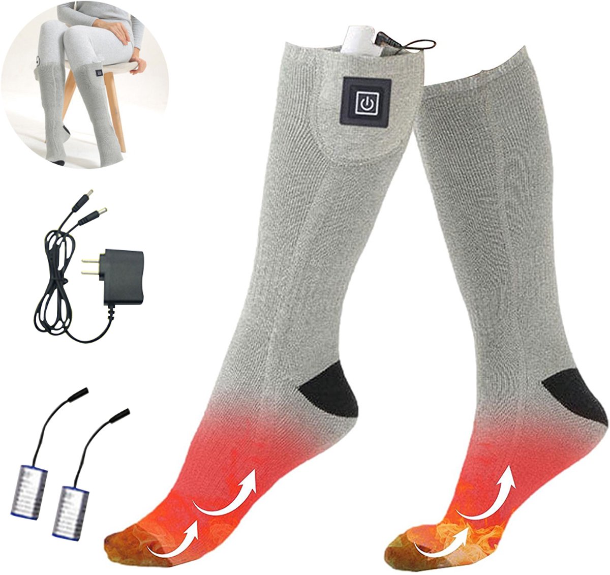 JeiibrZui Verwarmde sokken Oplaadbare verwarmde sokken Groot verwarmingselement + 3 temperatuurinstellingen Verpakking van 1 paar Unisex Grijs
