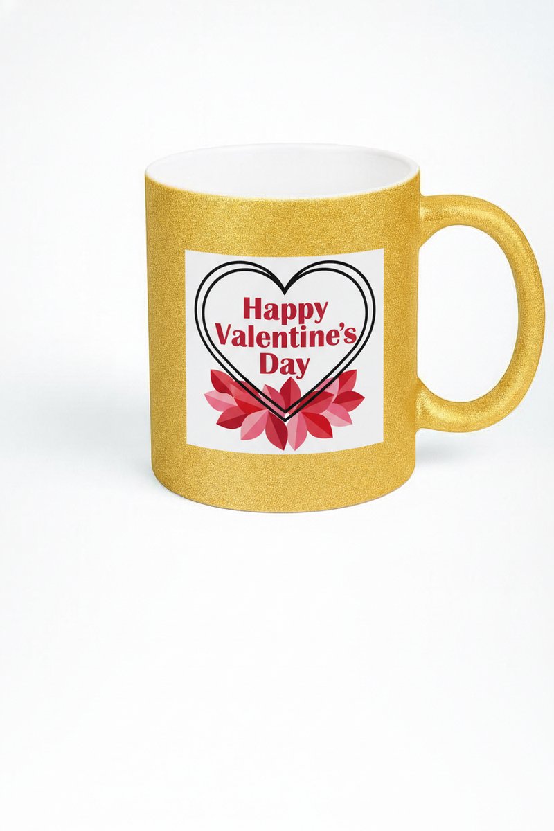 Valentijnsdag Mok Gouden Glitter - 'Happy Valentine's Day' Hart Design - Romantisch Cadeau