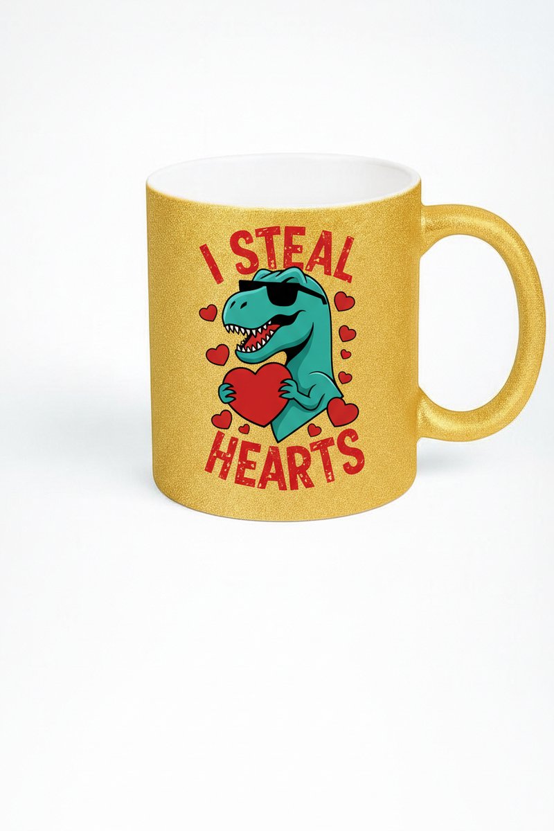 Gouden Glitter T-Rex Mok - 'I Steal Hearts' Dinosaurus Beker - Grappig Valentijn Cadeau