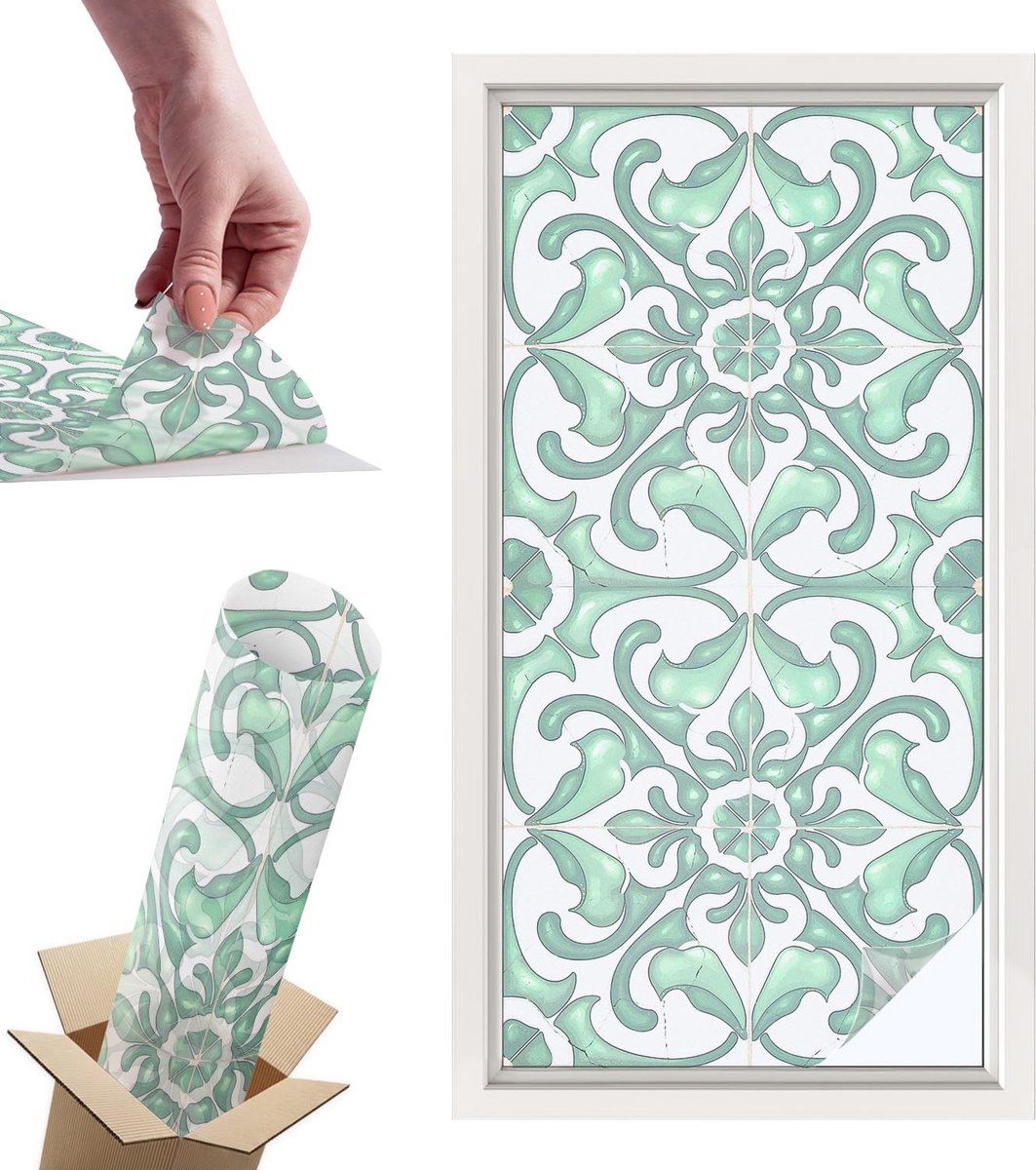 Tulup Raamfolie Anti inkijk - Groene symmetrie Privacy Folie Raam - 50x100 cm - Groente Anti inkijk Folie - Raamfolie Tegen inkijk Glas in Lood - Voor de badkamer, keuken en hal. - Raamfolie Zonwering