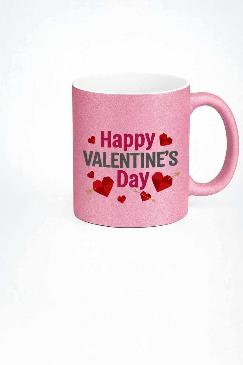 Roze Glitter Mok Happy Valentine's Day - Romantisch Valentijnscadeau met Hartjes