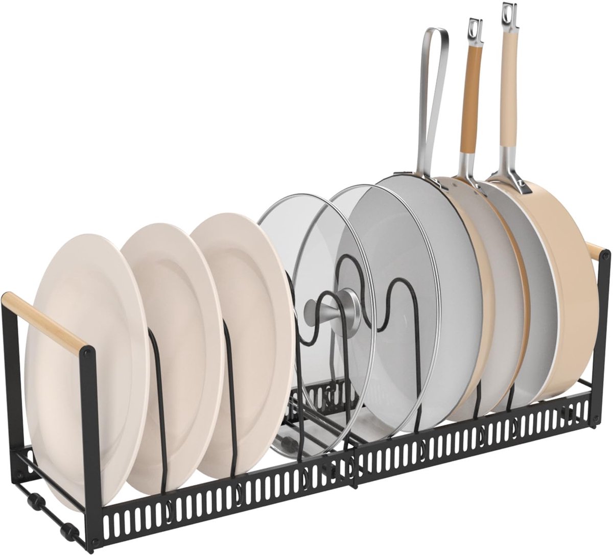 Ibenzoa® Uitschuifbare metalen houder voor pannen en deksels met houten handvat