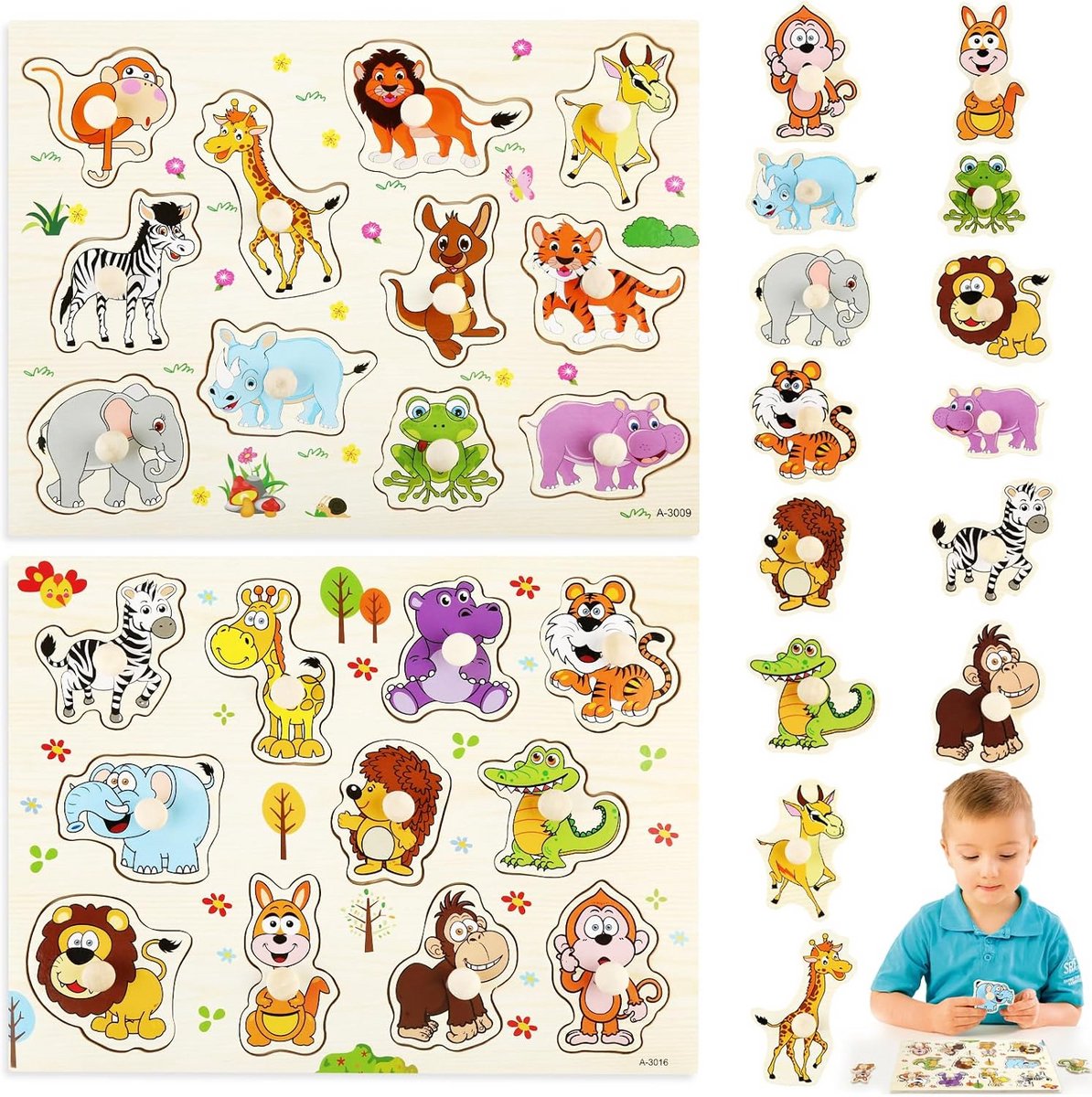Set van 2 Houten Steekpuzzels met Dieren voor Baby's Vanaf 1 Jaar