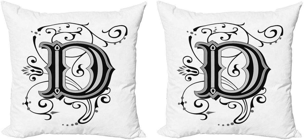 ABAKUHAUS Kussenhoes Set – Letter D, 2x40x40 cm – Dubbelzijdig gedrukt – Zwart/Wit/Grijs