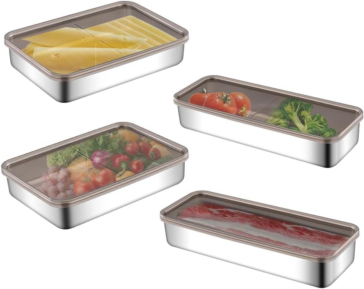 Set van 4 RVS Rechthoekige Opbergdozen voor Koelkast en Diepvries met Deksel