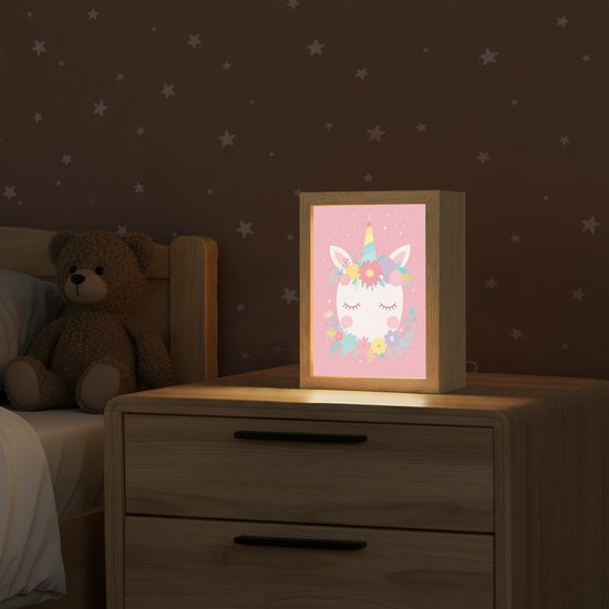 Nachtlampje 15x20 cm - Kinder lamp - Eenhoorn - Bloemen - Roze - Tafellamp kinderkamer - Slaapkamer lamp - Bedlamp kinderen - Kinderlampje stopcontact - Wandlamp babykamer - Nachtlampjes van Deco Belle — afbeelding 2