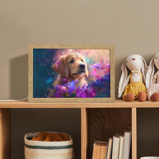 Nachtlampje 30x20 cm - Kinder lamp - Hond - Puppy - Zon - Bloemen - Golden retriever - Tafellamp kinderkamer - Slaapkamer lamp - Bedlamp kinderen - Kinderlampje stopcontact - Wandlamp babykamer - Nachtlampjes van Merkloos — afbeelding 3