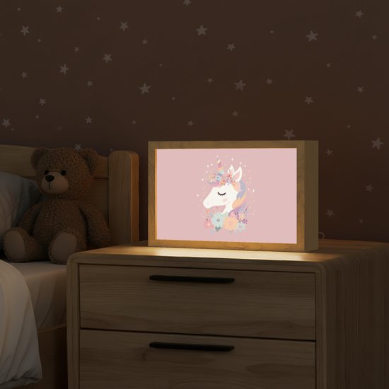 Nachtlampje 30x20 cm - Kinder lamp - Eenhoorn - Roze - Bloemen - Tafellamp kinderkamer - Slaapkamer lamp - Bedlamp kinderen - Kinderlampje stopcontact - Wandlamp babykamer - Nachtlampjes van Merkloos — afbeelding 2