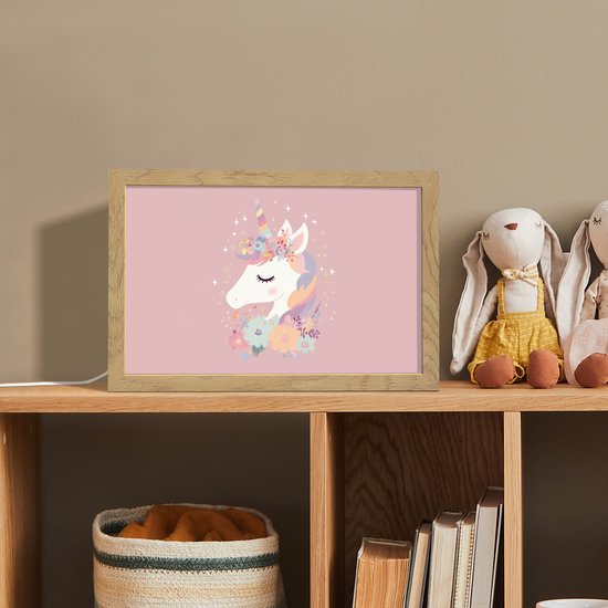 Nachtlampje 30x20 cm - Kinder lamp - Eenhoorn - Roze - Bloemen - Tafellamp kinderkamer - Slaapkamer lamp - Bedlamp kinderen - Kinderlampje stopcontact - Wandlamp babykamer - Nachtlampjes van Merkloos — afbeelding 3