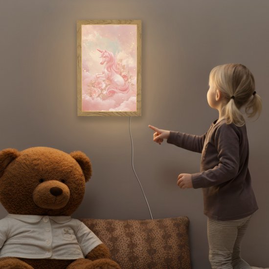 Nachtlampje 20x30 cm - Kinder lamp - Eenhoorn - Wolken - Roze - Tafellamp kinderkamer - Slaapkamer lamp - Bedlamp kinderen - Kinderlampje stopcontact - Wandlamp babykamer - Nachtlampjes van Deco City. — afbeelding 5