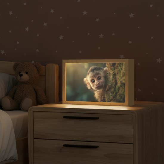 Nachtlampje 30x20 cm - Kinder lampje - Aap - Boomstronk - Bruin - Tafellamp kinderkamer - Slaapkamer lamp - Bedlamp kinderen - Kinderlampje stopcontact - Wandlamp babykamer - Nachtlampjes van Merkloos — afbeelding 2