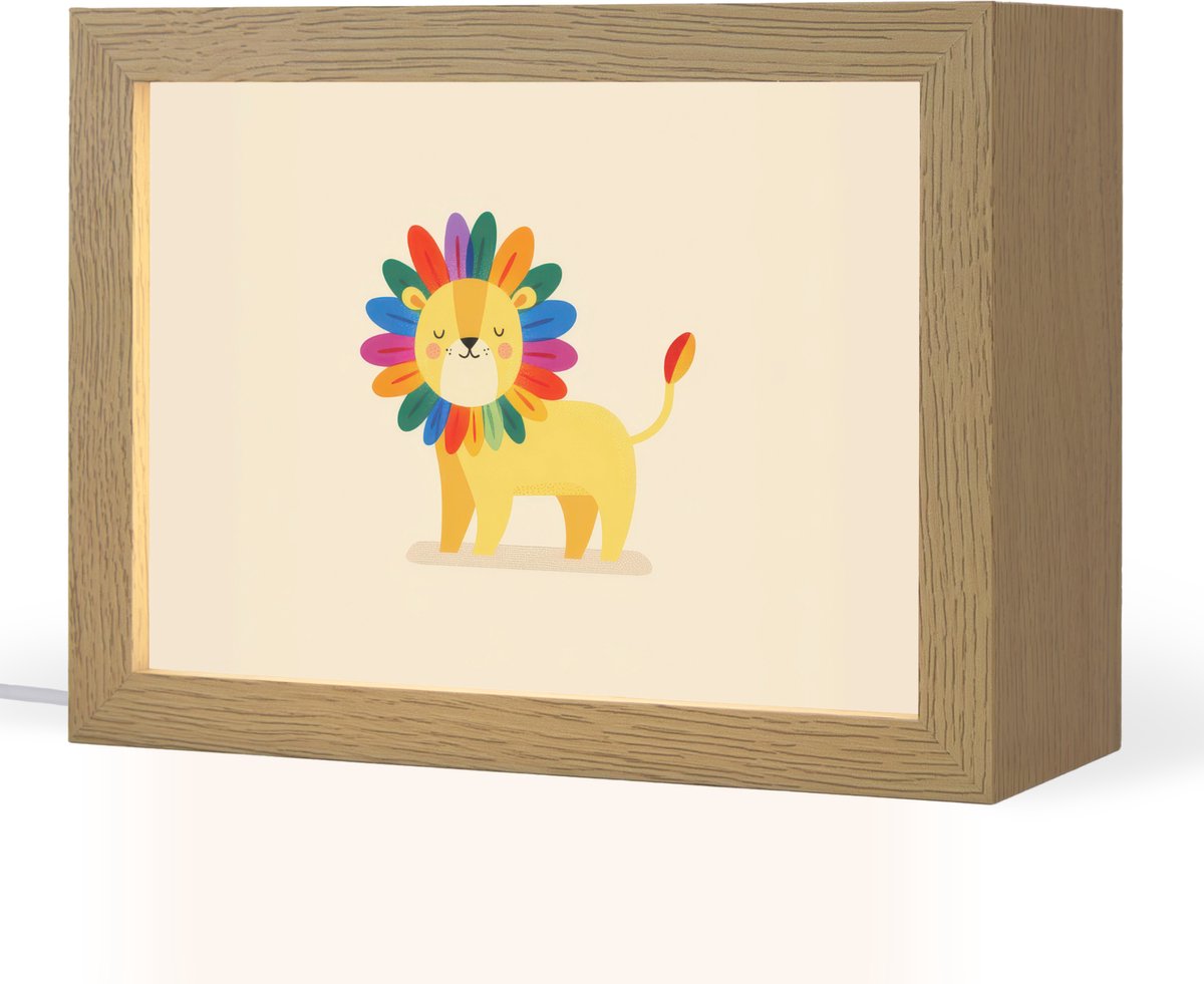 Nachtlampje 20x15 cm - Kinder lampje - Leeuw - Kleurrijke manen - Beige - Tafellamp kinder