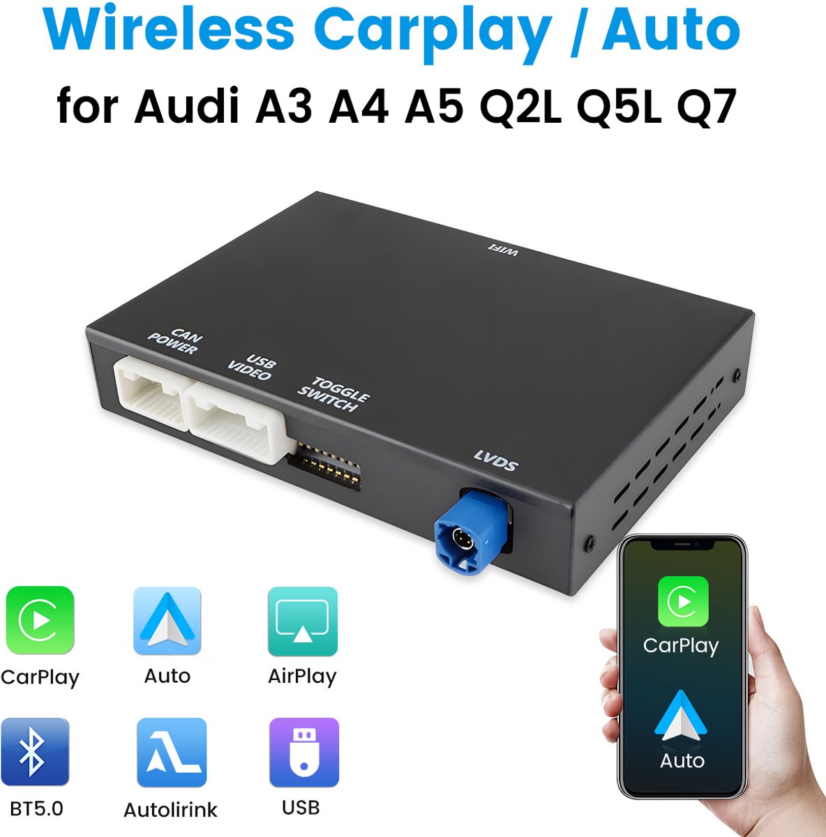 Hexinex Autoradio Draadloze CarPlay Android Auto-adapter Geschikt voor Audi A3 A4 A5 Q2L Q5L Q7 Ombouwset-Plug Play