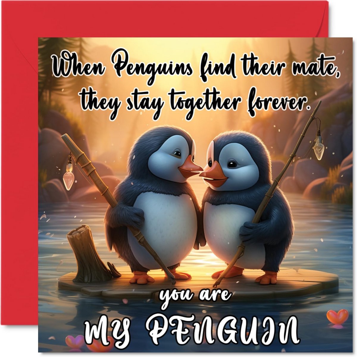Romantische Pinguïn Wenskaart Jubileum Valentijnsdag Voor Vriendin, Vriend of Partner (145x145mm)