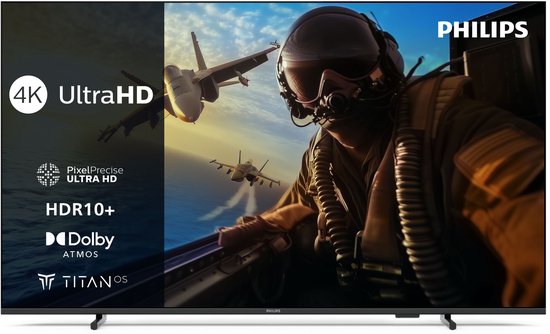 Philips 4K Ultra HD televisie met 4K UltraHD, PixelPrecise Ultra HD, HDR10+, Dolby Atmos, Titan OS en een piloot in een gevechtsvliegtuig.