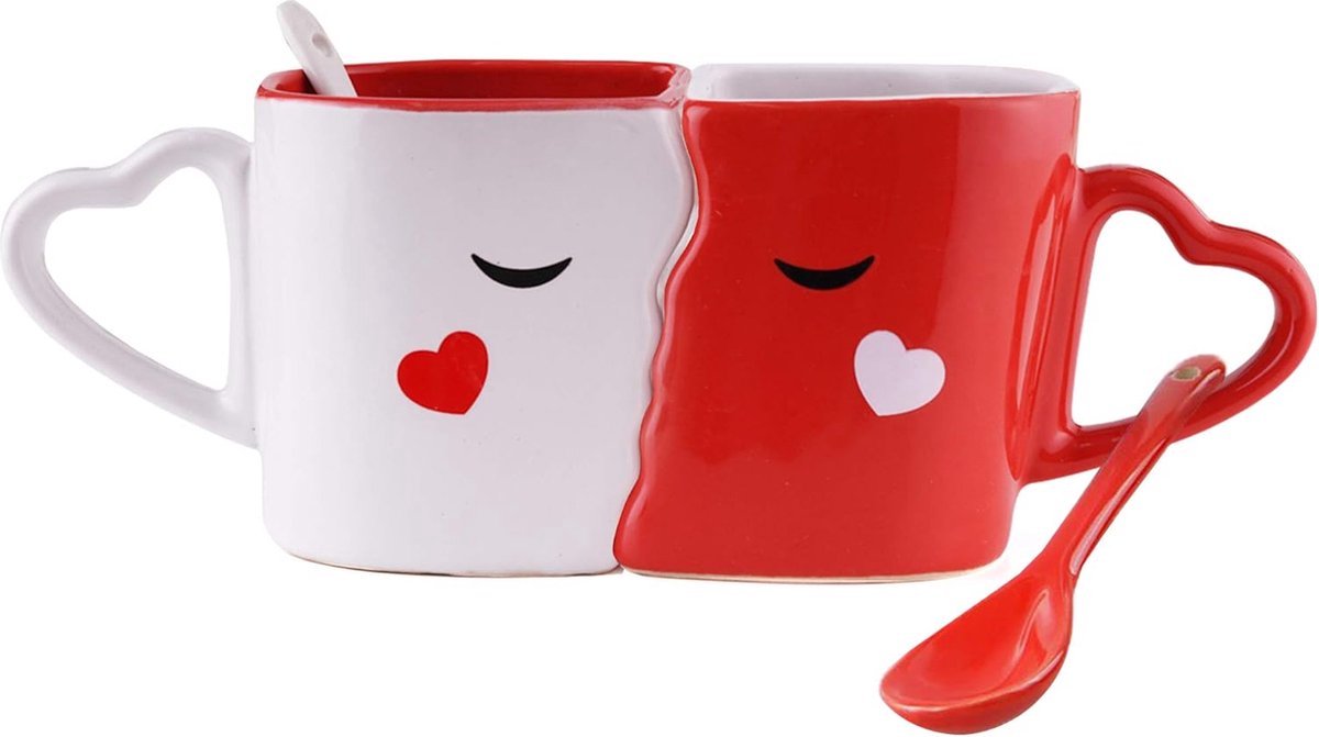 Stunq® Kussende mokkenset, koffiekopjes met lepels en geschenkdoos, bruidspaar, echtgenoot, echtgenote, vriend, vriendin, koppels, grappig cadeau voor Valentijnsdag