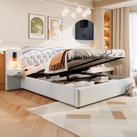 REDOM ledikant 180x200 cm – Linnenimitatie beige – LED, USB, hydraulische opbergruimte – 24 latten