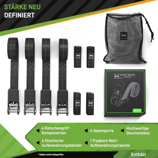 Hardtwerk® 4 stuks spanbanden met ratel, 6 m, greepkracht 1000 kg, TÜV- en GS-gecertificeerd, veelzijdige sjorbanden voor professioneel gebruik, aanhangers, bagage en camping Hardtwerk® 4 stuks spanbanden met ratel, 6 m, greepkracht 1000 kg, TÜV- en GS-gecertificeerd, veelzijdige sjorbanden voor professioneel gebruik, aanhangers, bagage en camping