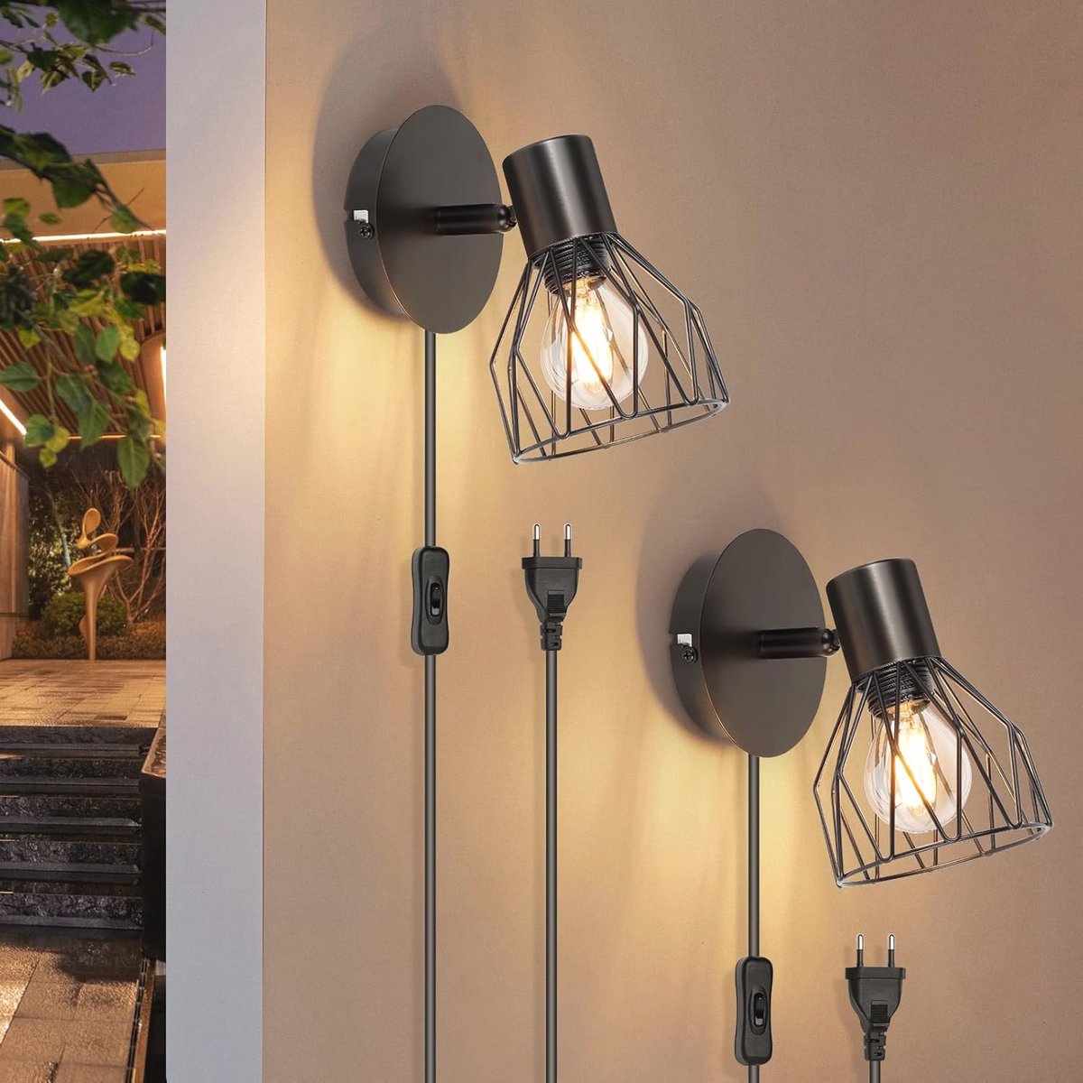 Wandlamp met Schakelaar en Stekker - Zwart, Draaibaar, E14 Wandspot voor Slaapkamer en Woonkamer
