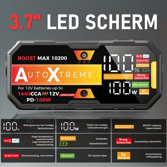Batterie de démarrage AutoXtreme noir-gris avec écran LED 3,7 pouces, motifs d'affichage et icônes.