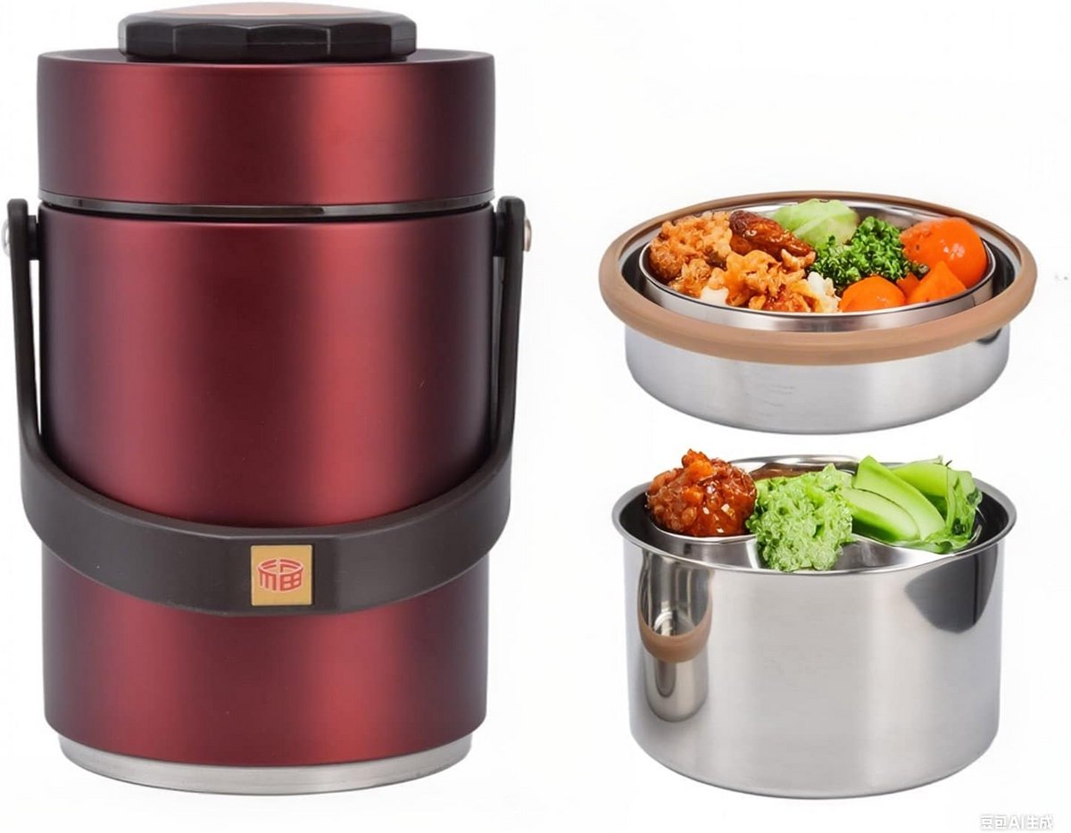 Geïsoleerde Lunchcontainer 2L Roestvrij Staal - Stapelbare Voedselpot met Handvat voor School, Kantoor en Reizen