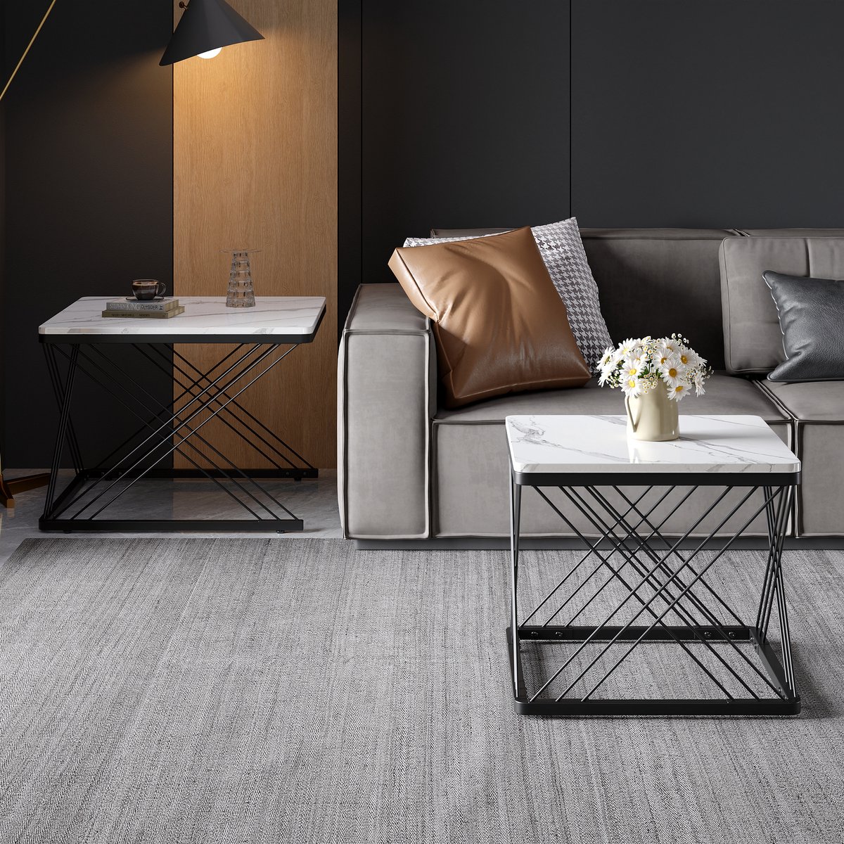 FLIEKS Modieuze set van twee - vierkante salontafels - 60x60x45 cm en 45x45x40 cm - marmerlook - verstelbare poten - zwart