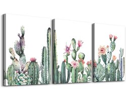 Set van 3 Groene Kunstwerken op Doek: Moderne Schilderijen van Vetplanten en Cactussen voor Woonkamer en Slaapkamer