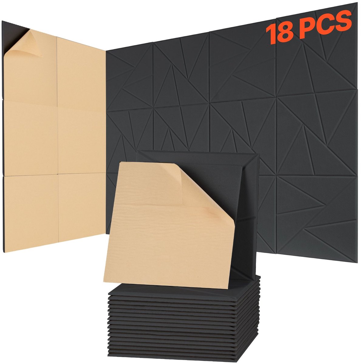 Akoestische Wandpanelen - Zelfklevende 18-Delige Set - Formaat 30 x 30 x 1 cm - Geluidabsorberend & Echo-Reductie - Polyestervezel - Zwart