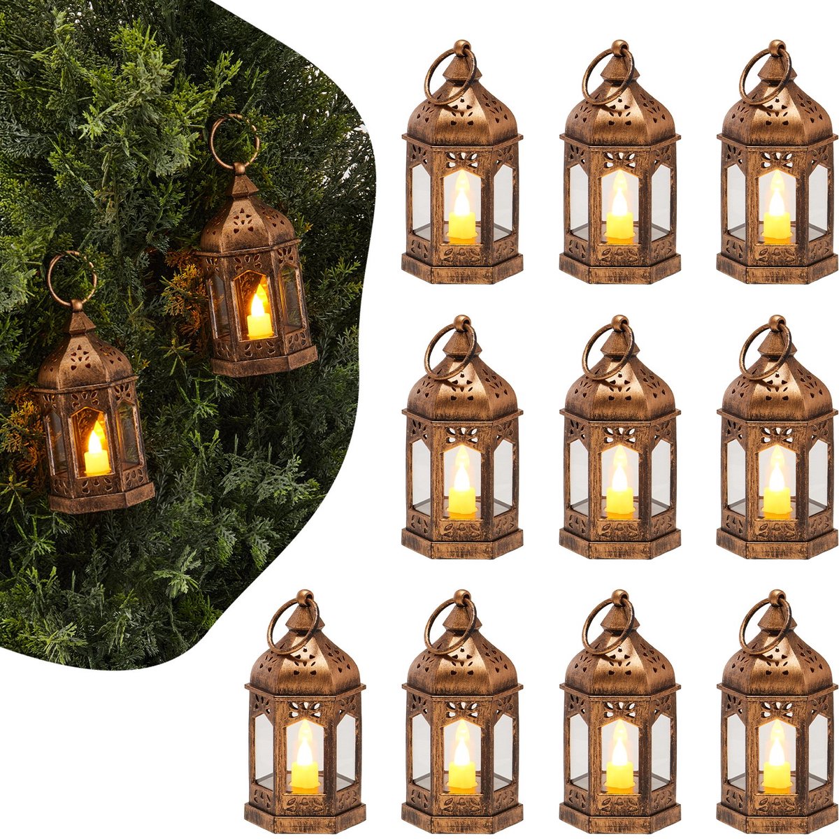 Decoratieve kaarslantaarns - Set van 12 - Vlamloze LED Kaarsen - Windlichten - Kunststof Met Glas - Afmeting 6,5 x 6,5 x 12,8 cm - Brons