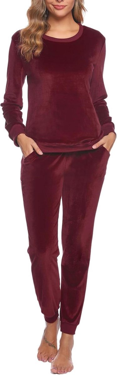 Tweedelige flanellen pyjama set voor dames - Warm huispak in wijnrood