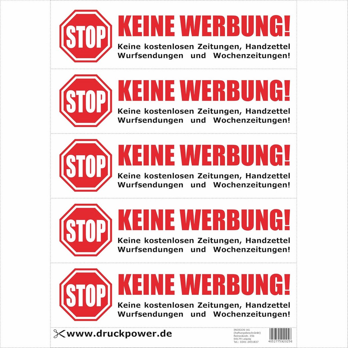 Geen reclame stickers voor brievenbussen - set van 4 x 5 verschillende ontwerpen