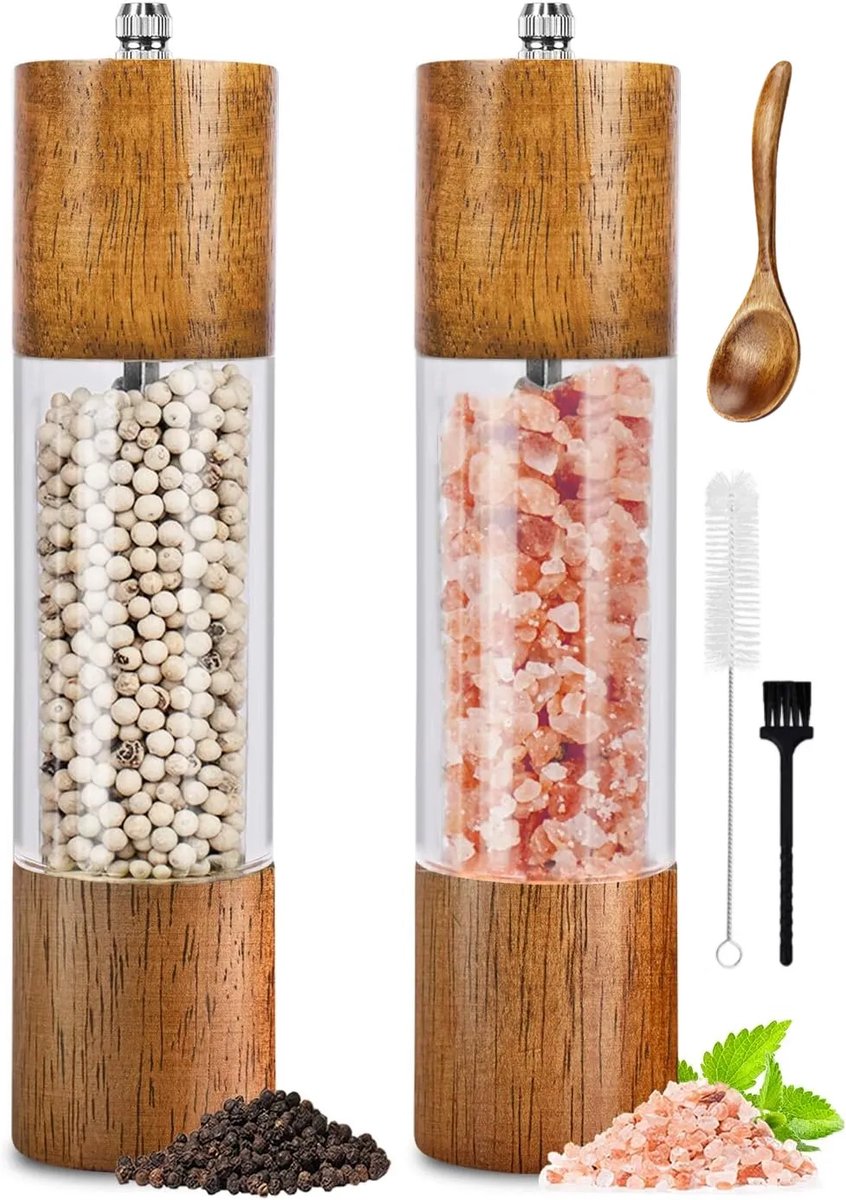 2 Pack Zout en Peper Molen Set, Premium Zout en Peper Molens - Handmatige Eiken Houten Shakers met Was Afwerking en Verstelbare Keramische Kern - 8 Inches - Inclusief Houten Lepel, Staalborstel en Zwarte Borstel