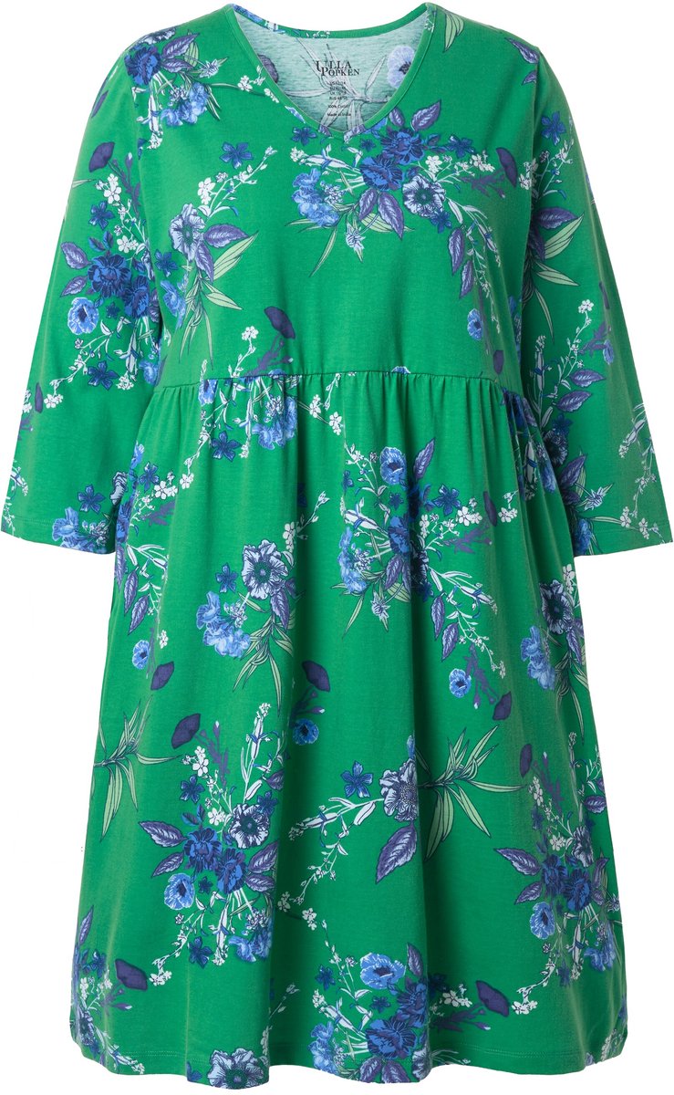 Ulla Popken - Dames - Jersey jurk bloemen A-lijn V-hals 3/4-mouwen - Zomergroen - Maat 42+