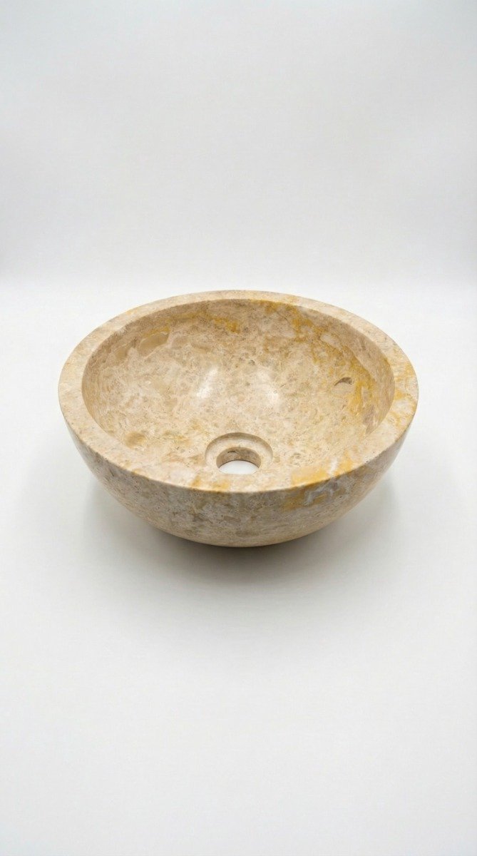 Travertin Waskom Rond Beige – Ø 30 cm – Luxe Natuursteen Fonteinkom