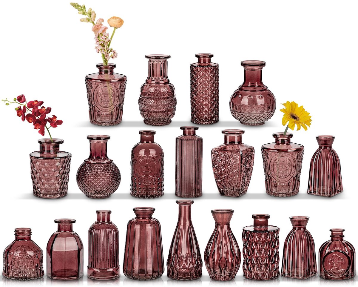 IMPERATORIS® Glazen Vazen / Glazen Flessen – Mini Decoratieve Vaas Flesjes – Helder Glas – Inclusief Strik – 20 Stuks – 11 cm – Krater Bruin