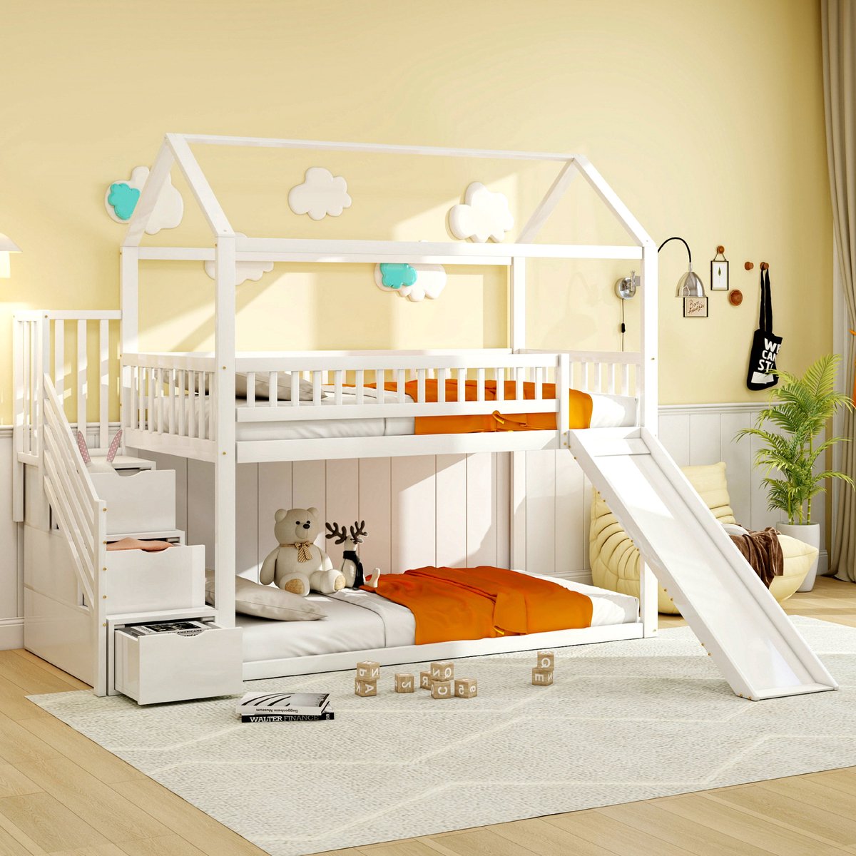 VVBV Kinderbed - stapelbed 90x200 cm - hoogslaper met glijbaan en opbergladder - hoge schutting - massief hout - wit - zonder matras