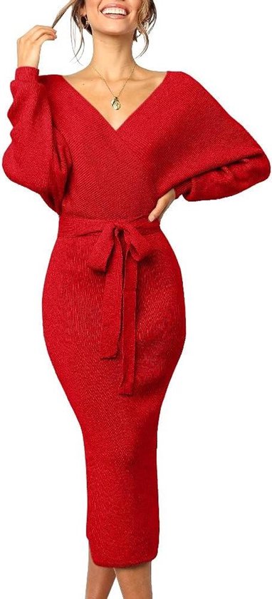 Robe pull col en V manches longues fente dos ouvert ceinture automne hiver.