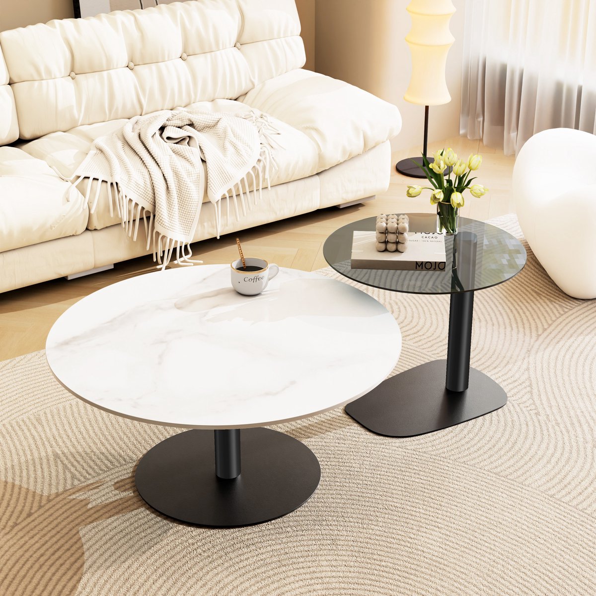 FATIVO Salontafel - Set van 2 - Marmerlook & Glas - Metaal Frame - Grijs getint & wit & zwart - Koffietafel - Voor Woonkamer