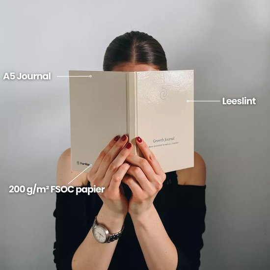 Vrouw verbergt haar gezicht achter een wit 'A5 Journal' met labels voor 'Leeslint' en '200 g/m² FSOC papier'.