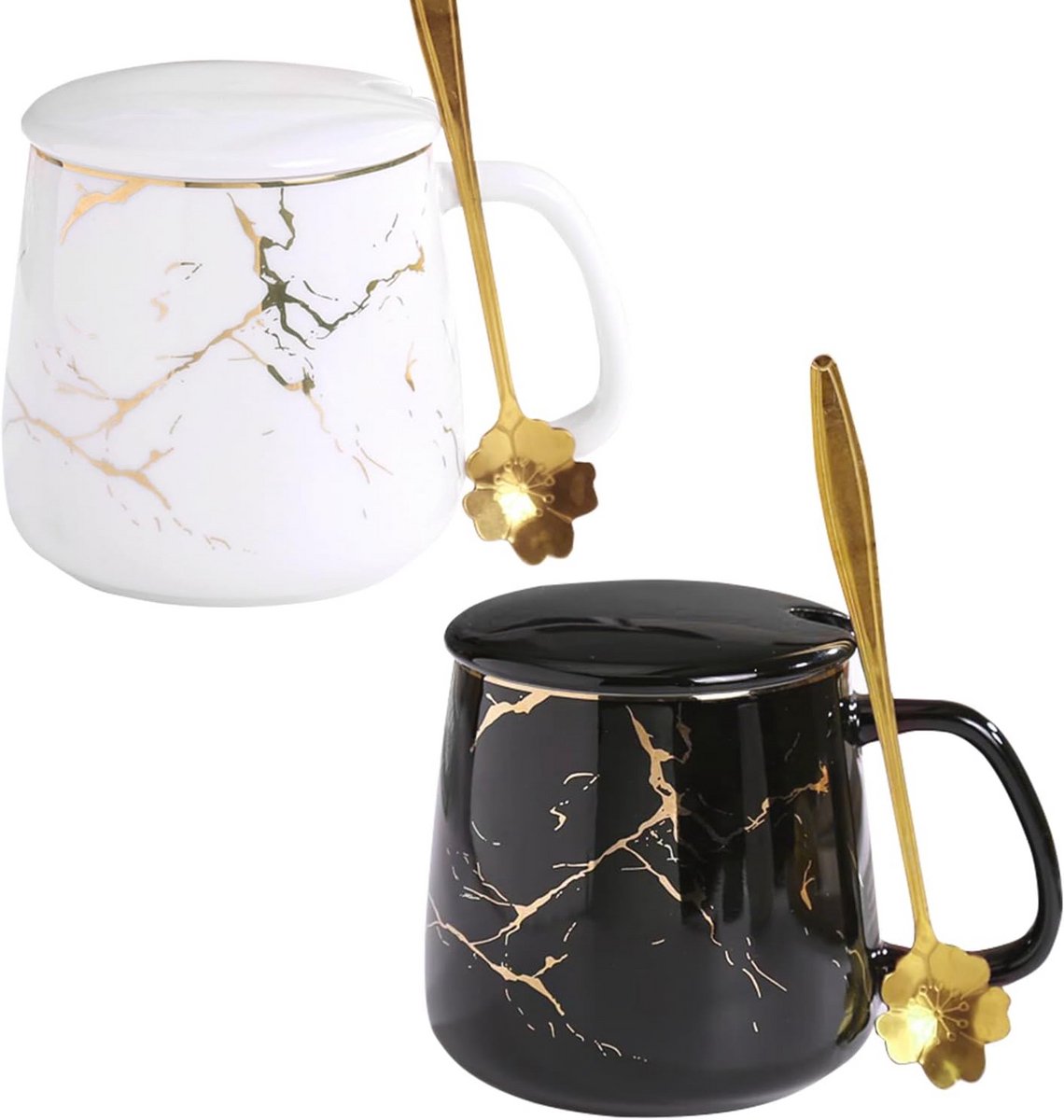 Set van 2 Koffiekopjes van Keramiek - 380 ml - Marmer Design met Lepel en Deksel