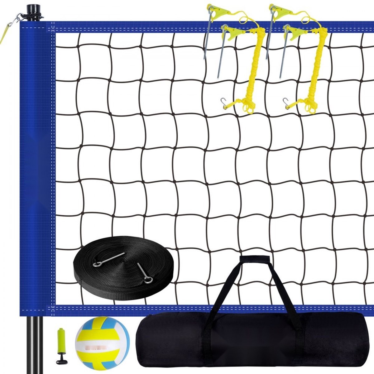 Volleybalnet Set - Beachvolleybalnet - Hoogteverstelbaar - 9,7 x 2,4 m - Draagbaar - Opvouwbaar - Inclusief Volleybal En Draagtas - Voor Tuin En Strand - Blauw