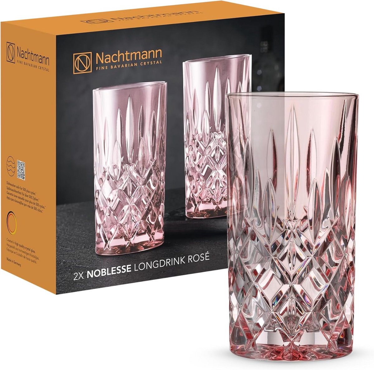 2-delige longdrinkglazenset - roze cocktailglazen van kristal, 395 ml